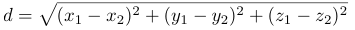 Equation for calculating the Euclidean distance between documents in a multi-dimensional space