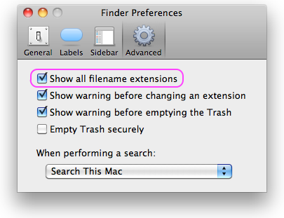 The advanced preferences of the Mac OS X Finder