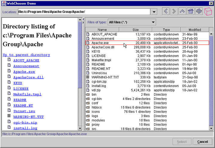 WebChooser dialogs enable selection of files and directories in local file systems