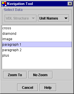 The Navigation tool dialog listing unit names