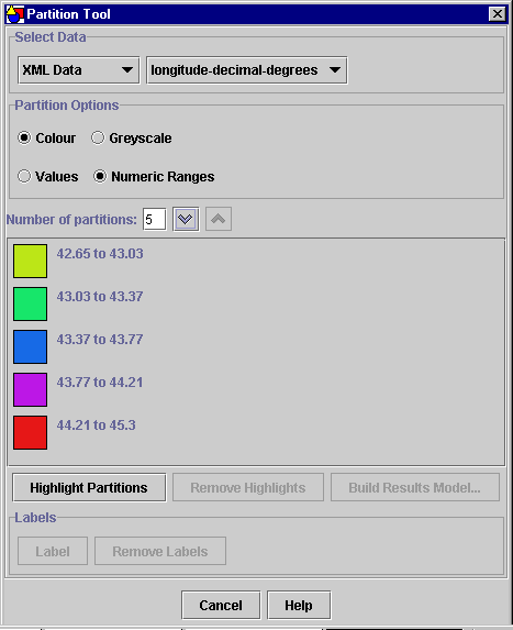 The Partition tool dialog settings for partitioning the New Hampshire model into numeric ranges of the longitude of the features