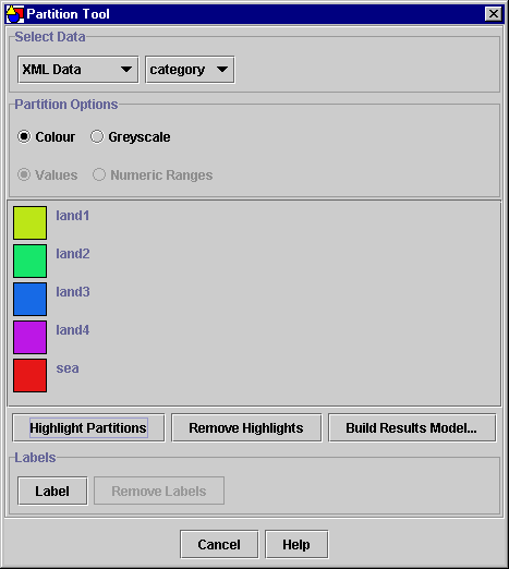 The Partition tool dialog presenting the data of the UK Terrain model