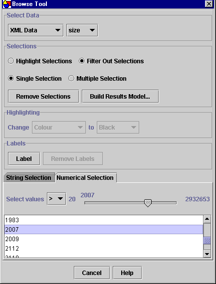 The Browse tool dialog settings for filtering out objects in the Space Filler model with a size data tag value of 2007 or more