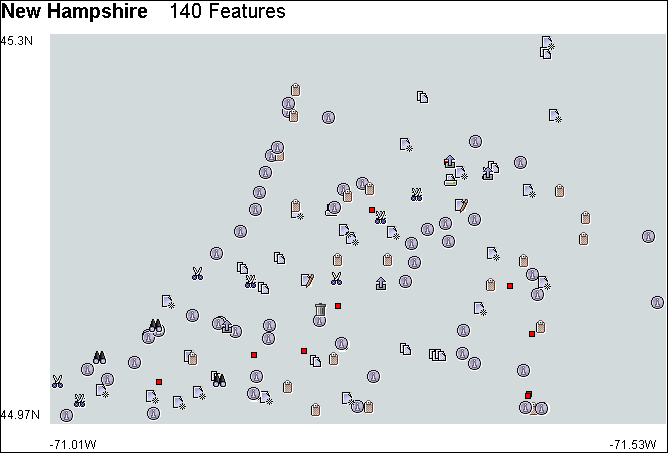 Part of the New Hampshire model with the feature data points displayed as icons
